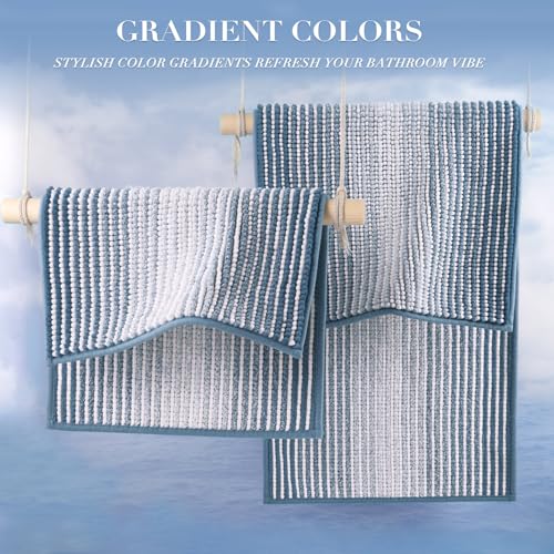 BSICPRO Bathroom Rugs Sets 3 Piece, Toilet Rugs U-Shaped Contour Bath Mat Set, Long Striped Absorbent Non Slip Chenille Shower Mat, Fog Blue - color: Fog Blue, size: 20"x47"+16"x24"+ U Shape 20"x24"
