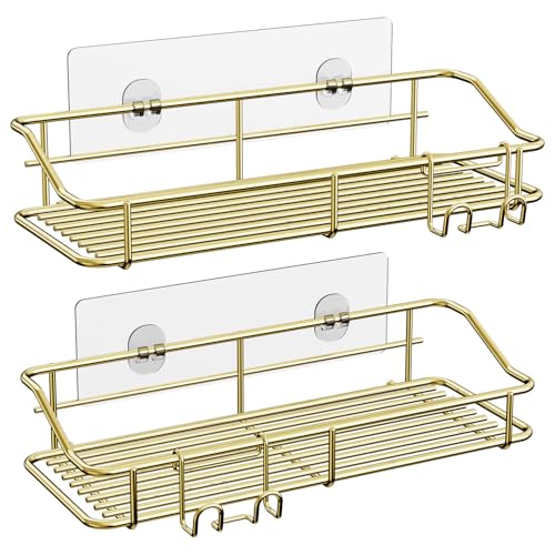 Nieifi Shower Caddy Shelf Storage Rack Adhesive Without Drilling Stainless Steel with Hooks for Washroom, Lavatory, Restroom, Toilet, Bathroom, Kitchen - 2 Pack, Golden - color: Gold, size: 2 Pack