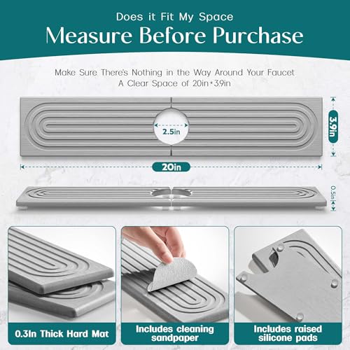 eormoe Faucet Mat for Kitchen Sink - Diatomaceous Earth Faucet Splash Guard, Fast Drying Sink Protector - Water Absorbing Stone for Bathroom Sink (Grey, 20'' x 3.9'') - color: Gray, size: 20" x 3.9"