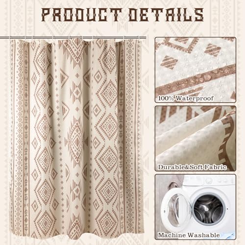 HunnmingRe Western Shower Curtain Waffle Southwest Aztec Geometric Stripes Fabric Shower Curtain Set with Hooks for Bathroom 72 x 72 Inches Farmhouse Boho Bath Curtains(Beige) - color: Beige