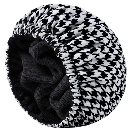 Shower Cap for Women Terry Lined Bath Cap Large Reusable Waterproof Elastic Black Houndstooth Shower Caps for Long Thick Hair Soft Bath Shower Hair Caps - color: Black Houndstooth
