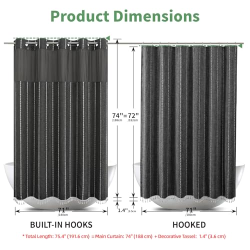 eachope Boho Farmhouse No Hook Shower Curtain Set with Snap-in Fabric Liner,Heavy-Duty Linen Textured Rustic Striped Design,Water-Repellent with Tassels and Sheer Window,Charcoal Grey,71x74 - color: Charcoal Grey, size: 71"W x 74"L (Pack of 1)