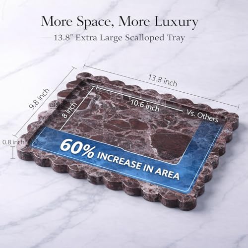 14" x 10" Large Genuine Rosso Levanto Scalloped Marble Tray, Pre-Sealed for Stain & Water Resistance, Luxury Decorative Trays for Vanity, Bathroom, Dresser, Coffee Table, Home Decor - color: Rosso Levanto
