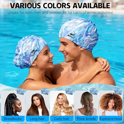 WHALE Extra Large Swim Cap Designed for Men and Women with Thick, Long Hair, Hair Extensions Or Afro-Textured Hair Long-Hair Swim Cap Highly Waterproof to Keep Hair Dry - color: Water-patterned