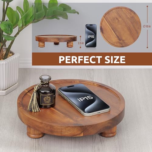 Demigo Acacia Wood Round Tray, 10 in Pedestal Riser Stand for Plant Decor | Farmhouse Countertop Display Board for Soap, Perfume, Candle, Bathroom & Kitchen Organizer Plate - color: Brown