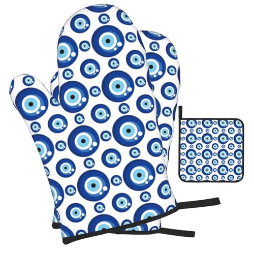 Blue Evil Eyes Oven Mitts and Pot Holders Sets of 3 Funny Hot Pads Heat Resistant Non Slip Washable for Cooking Grilling Baking BBQ Kitchen Decor - color: Blue