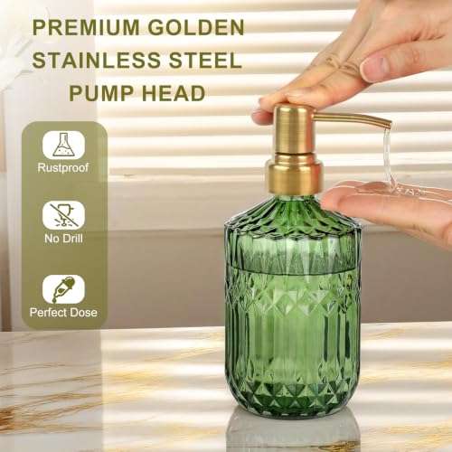 Green Glass Soap Dispenser (15.4 Oz, 2 Pack), Kitchen Hand and Dish Soap Dispenser Set with Golden Rust Proof Pump, Vintage Bathroom Hand Soap Lotion Dispensers - color: Green+golden Pump