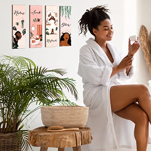 Yookeer 4 Pcs Black Girl Bathroom Wall Decor Pink Decor Boho Wall Art Print Black Women African American Wood Plaque Bathroom Hanging Decors for Home Spa Restroom Dressing Room