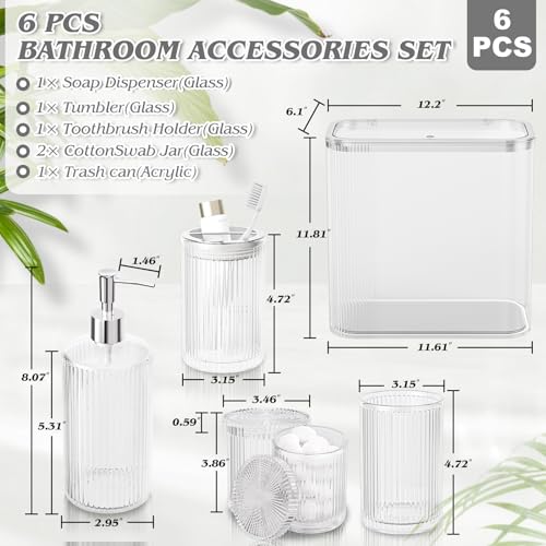 Clear Bathroom Accessories Set, 3.5 Gal Trash Can with Lid, Glass Bathroom Set Include Soap Dispenser, Toothbrush Holder, Tumbler, Qtip Holders, Cute Bathroom Sink Set, Vintage Bathroom Decor - color: Clear, size: 6 Pieces