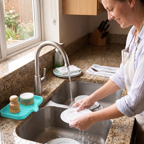 MicoYang Silicone Soap Dish with Drain Spout — Self-Draining Sink Organizer Tray for Bathroom & Kitchen, Sponges, Dispensers & Soap Holder, Non-Slip & Dishwasher Safe, Mint (Medium, 9.6"×5.3") - color: Mint, size: M(9.6"×5.3")