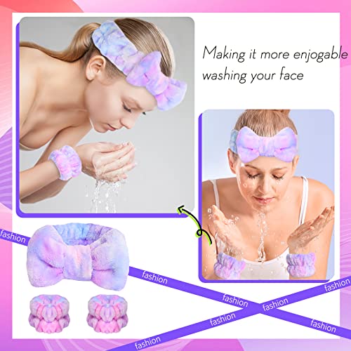 WSYUB Spa Headband and Matching Wrist Bands for Washing Face, Fuzzy Skincare Bow Headbands, Soft Facial Makeup Head Bands, Shower Hair Sleepover Party Supplies,Easter Basket Stuffers - color: Gradient Purple