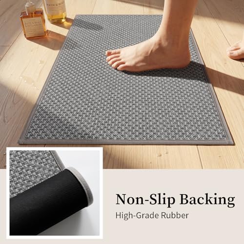 YIHOUSE Thin Bath Mat Grey Bathroom Rugs Sets 2 Pieces, Non Slip Absorbent Mats Quick Dry, Woven Rugs Washable, Tapetes para Baño for Bathroom Toliet,Bathtub(17"x24"+17"x32") - color: Light Grey, size: 2Pieces(17"x24"+17"x32")