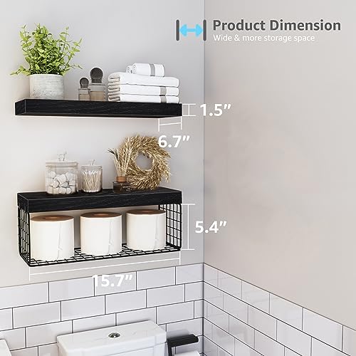 QEEIG Bathroom Shelves Over Toilet - Wall Mounted Floating Shelves Toilet Paper Storage Small Farmhouse Decor Shelf 16 inch Set of 2, Black (019-B2) - color: B. Black, size: 2pcs