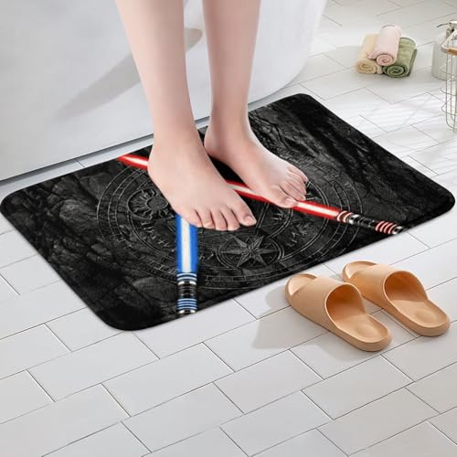 Light Up Sword Bathroom Rug,3D Neon Blue Red Non Slip Bath Mat Geometric Sun Moon Round Shaggy Absorbent Floor Mat Kids Boys Girls Fashion Vintage Stone Wall Bath Indoor Doormat Decor,Black,20"x32" - color: Lightsaber 3, size: 20" x 32"