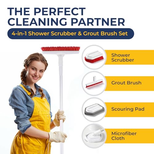 Shower Scrubber with Long Handle, Stiff Bristles Grout-Brush, Tub Scrub-Brush with Long-Handle, Shower-Cleaner Brush, Grout Cleaning Brush for Tile floors, Scouring Pad & Microfiber Cloth for Bathroom - color: White