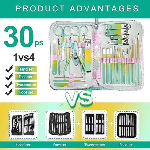 Manicure Set 30 in 1 Nail Clippers Set,Nail Manicure Kit for Women,RedFlow Toenail Clippers,Pedicure Kit,Pedicure Tools,Suitable for Travel Manicure Tools,Toe Nail Kit,Nail Care Kit(Yellow Green) - color: Yellow Green