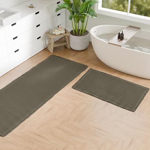 Hiasan Set of 2 Waffle Bath Mat, Super Absorbent Non Slip Bathroom Boho Rug with Tassels, Machine Washable Bath Mats for Bathroom, Ultra Soft Rubber Backed Rug, Grayish Green, 20" x 32" + 24" x 60" - color: Grayish Green, size: 20" x 32" + 24" x 60"