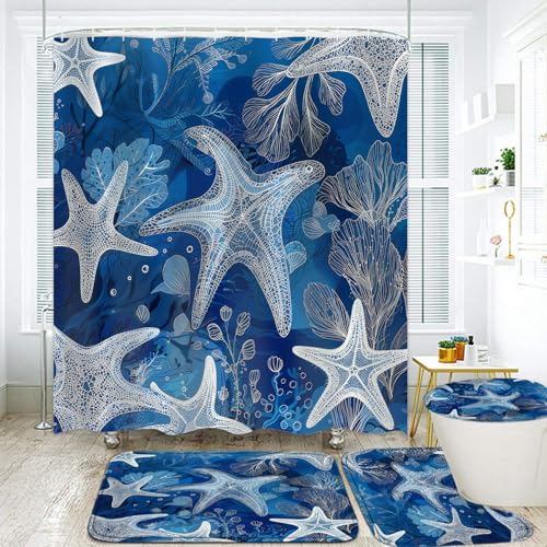 LQCOOL 4Pcs Blue Ocean Shower Curtain Set, Modern and Nautical Bathroom Sets, Starfish and Coral Decor Bathroom Sets with Shower Curtain and Rugs, Shower Curtain with 12 Hooks - color: Dark Blue