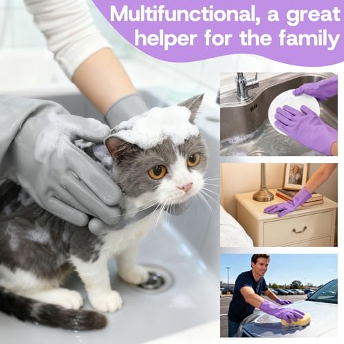2-Pair Pet Hair Remover Glove for Dogs and Cats Washing, Grooming, & Deshedding – Multipurpose Silicone Dog Bath Gloves, Cat Brush Glove Mitt for Pet Cleaning & Household Use (Purple & Grey) - color: Gray and purple two-tone