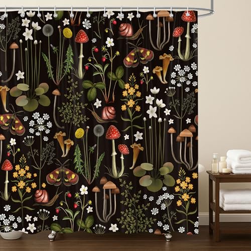Retro Mushroom Shower Curtain for Bathroom, Fairy Forest Flowers Plants on Black Background Bath Curtains, Vintage Botanical Fabric Shower Curtain Sets with Hooks 72 x 72 - color: Red Black, size: 72"W x 72"L (Pack of 1)
