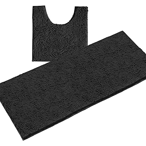 LuxUrux 2-Piece Bathroom Rug Set – Plush Chenille Runner & U-Shaped Toilet Mat, Soft, Absorbent & Non-Slip Design - color: Black, size: 2 Piece Set - X Large