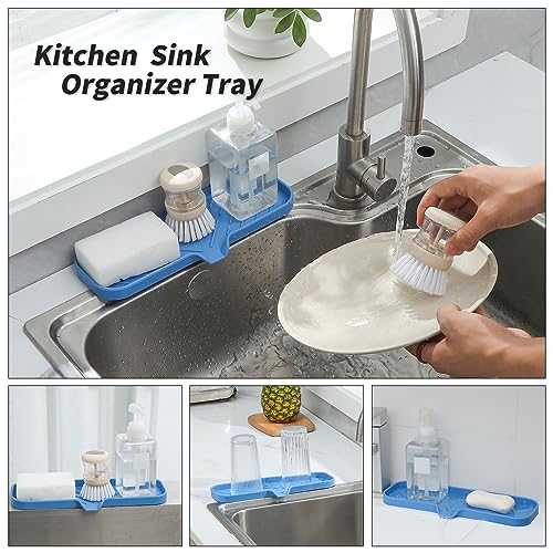 MicoYang Silicone Soap Dish with Drain Spout — Self-Draining Double Sink Organizer Tray for Kitchen & Bath, Dispensers, Sponges & Soap Holder, Non-Slip & Dishwasher Safe, Lichen Blue (Large, 12"×4") - color: Lichen Blue, size: L(12"×4")