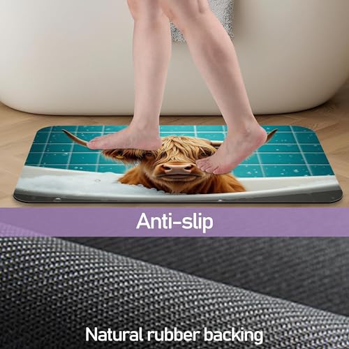 Funny Highland Cow Bathroom Rugs, Fast-Absorbing Bath Mat, Quick-Dry Non-Slip Thin Rug for Bathroom Floor Kitchen 17"x30" - color: Funny Highland Cow