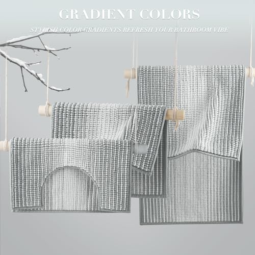 BSICPRO Bathroom Rugs Sets 3 Piece, Toilet Rugs U-Shaped Contour Bath Mat Set, Long Striped Absorbent Non Slip Chenille Shower Mat, Light Gray - color: Light Gray, size: 20"x47"+16"x24"+ U Shape 20"x24"