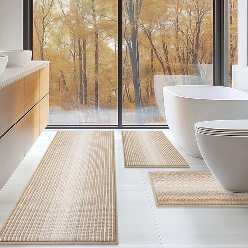 BSICPRO Bathroom Rugs Sets 3 Piece, Toilet Rugs U-Shaped Contour Bath Mat Set, Long Striped Absorbent Non Slip Chenille Shower Mat, Beige - color: Beige, size: 20"x47"+16"x24"+ U Shape 20"x24"