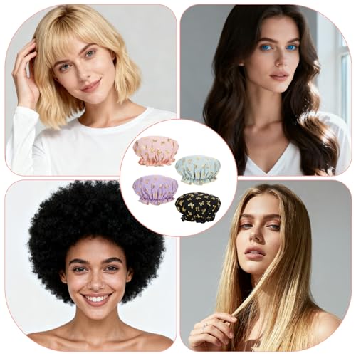 Yuanchu 4 Pcs Waterproof Shower Caps for Women, Elastic Band Bath Caps Reusable Shower Hat Double Layer Shampoo Cap for Washing Hair Bathing SPA Makeup Cooking