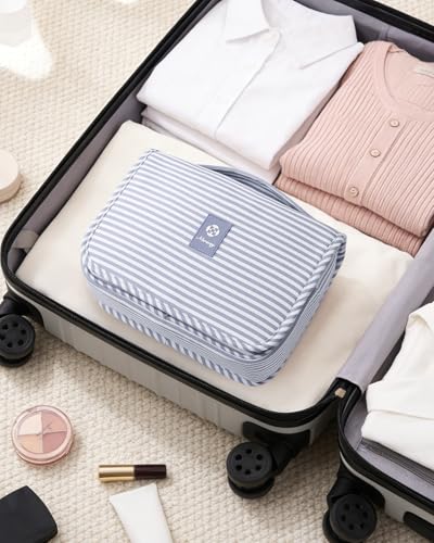 Narwey Small Hanging Toiletry Bag for Travel Women Girl, Striped Toiletries Travel Bag with Hook, Hanging Makeup Bag Organizer Make Up Cosmetic Bags, Gifts for Kids Teen (Greyish Blue Stripe) - color: Y-Greyish Blue Stripe