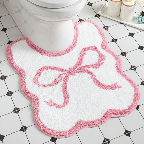 HunnmingRe Pink Bow Bathroom Rug Bow Toilet Rugs 24 x 20 Inches U Shaped Luxury Scalloped Bathroom Decor Non Slip Cute Microfiber Soft Plush Bath Mat Coquette Stuff for Toilet Back to School Shower - color: Pink, size: 24 x 20 Inches