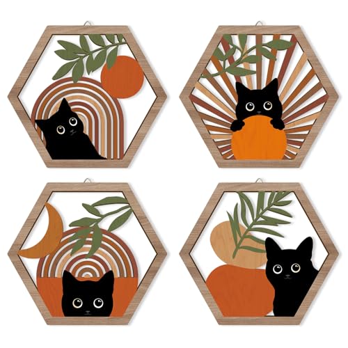 HPNIUB Boho Black Cat Wall Decor, Farmhouse Geometric Hanging Wooden Wall Art, 4 Pieces 11''x9.8'' Mid Century Bohemian Abstract Moon and Sun Wood Sign for Nursery Bedroom Decoration, Lovely Cat Gifts - color: Black cat[orange style]