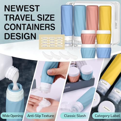 Silevoler 14pack Travel Bottles for Toiletries, TSA Approved Travel Size Toiletries Containers Set, Premium Silicone Leak Proof Refillable Bottles & Creams Jars Accessories Kit W/Clear Bag (Bright) - color: Bright