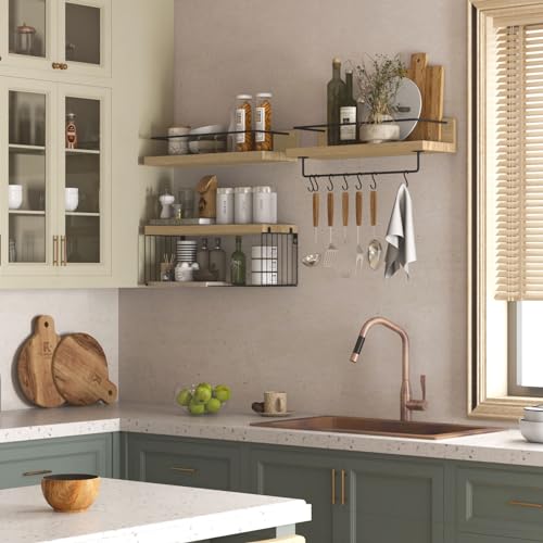 PopiShelves Bathroom Shelves Over Toilet for Wall, Floating Shelves with Storage Basket Paper Holer for Kitchen Living Room, Bedroom & Classroom, Set of 3 (Nature Wood) - color: Nature Wood, size: 15.7"