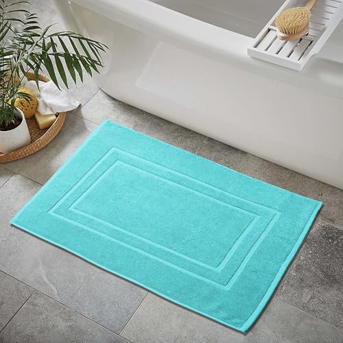 Feather & Stitch 2 Piece Towel Like Bath Mats (30x21 Inch) 100% Cotton Terry Bath Mats, Bathroom Shower Floor Mats [NOT A Bathroom Rug], Soft Absorbent Washable Mats - Aqua - color: Aqua