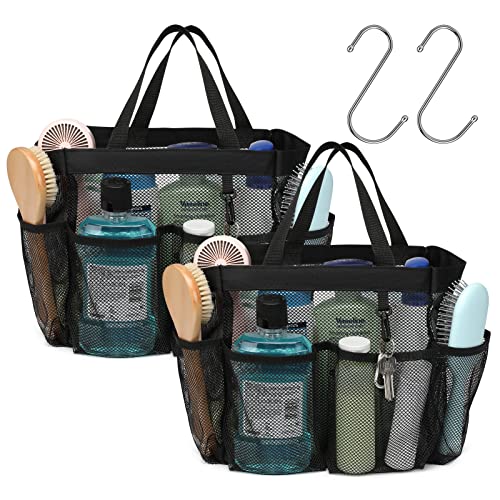 Mesh Shower Caddy Portable - 2 Packs, S-Hook, Shower Bag for Dorm Camping | 8 Pockets, 2-Handle, Quick-Dry, Toiletry Organizer, College Dorm Room Essentials for Girls, Gym, Travel & Bathroom, Black - color: 2 Pack L Black, size: L (Classic Dorm Caddy)