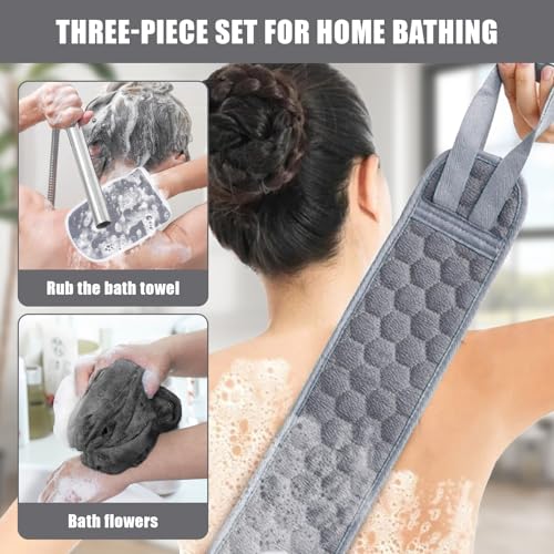 Back Scrubber Set, 3Pcs Bath Gloves and Shower Loofah Sponge for Body Scrub and Daily Shower Cleaning(Grey) - color: Grey