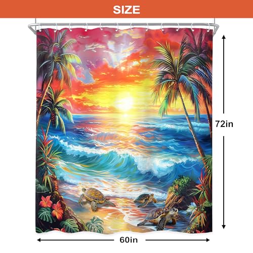 Newsely Ocean Shower Curtain 60Wx72L Inch Summer Beach Tropical Leaf Hawaiian Rustic Bright Red and Yellow Sky Sea Turtles Bathroom Set Sunset Waterproof Bath Decoration Accessories Home Decor - color: A-06beach, size: 60"W x 72"L (Pack of 1)