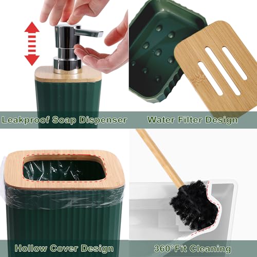 XLHOMO Dark Green Bathroom Accessories Set, 9-Piece Green Bathroom Set with Trash Can, Tray, Soap Dispenser, Toothbrush Holder, Toothbrush Cup, Soap Dish, Toilet Brush and Q-tip Holders - color: Hollow Dark Green, size: Hollow Cover Bathroom Set