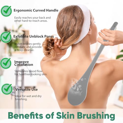 Back Scrubber for Shower, 17-Inch Shower Brush for Men and Women, Long Handle Exfoliating Body Brush, Medium Bristle Stiffness for Dry or Wet Brushing (Deep Gray) - size: 17 in - Deep Gray