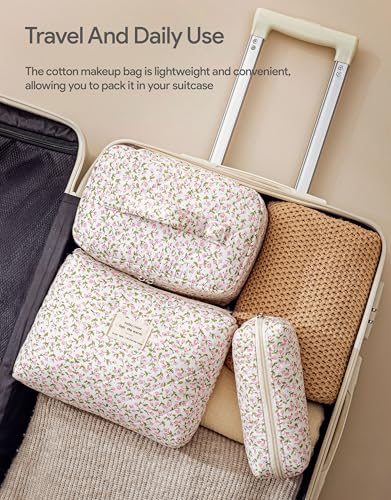 HBselect Quilted Makeup Bag, 3PCS Cotton Large Travel Makeup Bag, Cute Floral Coquette Make up Bag Cosmetic Bag Toiletry Bag for Women Girls - color: A-3PCS-Floral 17