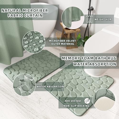 XLHOMO Bathroom Accessories Set - 25PC Sage Bathroom Set, Bathroom Set with Shower Curtain and Rugs, Sage Green Shower Curtain Set, Bathroom Accessory Set, Trash Can & Soap Dispenser - size: Bath Set+Shower Curtain+Rugs, style: Sage Green&Silver
