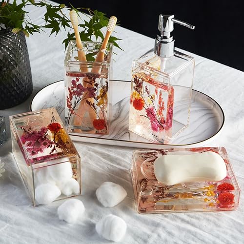 Locco Decor Bathroom Vanity Accessory Set Acrylic Liquid 3D Floating Motion Toothbrush Holder, Tumbler, Soap Dispenser, Soap Dish, Toilet brush, 5-Piece Accessory Set Garden Botanic Pink Plants - size: 5-piece, style: Pink Plant