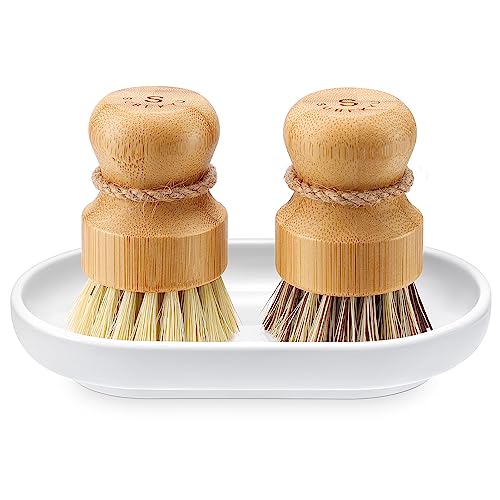 SUBEKYU Bamboo Dish Scrub Brushes, Bubble Up Bamboo Dish Brush Set with Brush Tray, Kitchen Wooden Cleaning Scrubbers Set for Washing Cast Iron Pan/Pot, Natural Sisal +Coconut Palbristles, Set of 2 - color: Sisal + Palm Brush, 2p