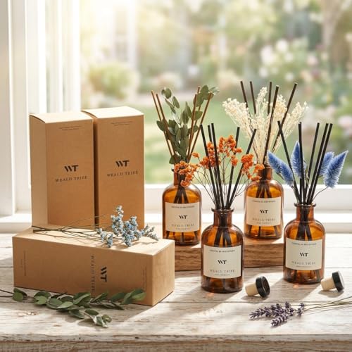 WEALD TRIBE Flower Reed Diffuser Set Eucalyptus & Lavender Scent for Room Bathroom Accessories Shelf Decor & Air Fresheners, Sticks Defusers with 4.0 fl oz Essential Oils, Home Fragrance Office Gift