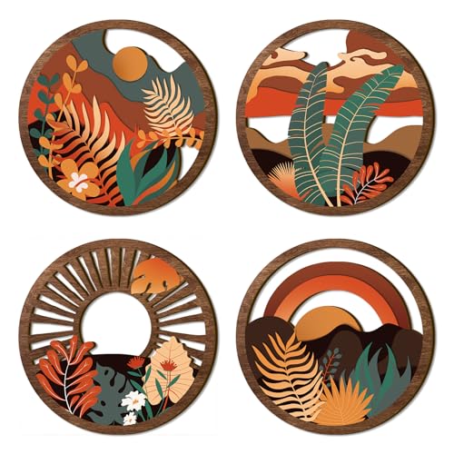 TOARTi 4 Pieces Boho Wooden Wall Art Bohemian Hanging Art Farmhouse Geometric Wooden Wall Decor Aesthetic Botanical Artwork Boho Minimalist Wall Decor for Bedroom Living Room - color: Boho Wooden Wall Art 1