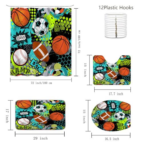 4PCS Sports Shower Curtain for Boys Set, Cool Graffiti Basketball Baseball Soccer Waterproof Bathroom Accessories with Non-Slip Rugs, Toilet Lid Cover Bath Mat and 12 Hooks, Home Decor 72" x 72" - color: Black Orange Blue