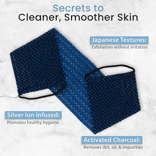 Japanese Exfoliating Washcloth for Back & Body - Charcoal & Silver Ion Exfoliating Towel with Handles - Two-Sided Gentle Exfoliation & Deep Cleansing Soft Body Wash Cloths for Shower - Blue - color: Charcoal Blue, size: 1 Count (Pack of 1)