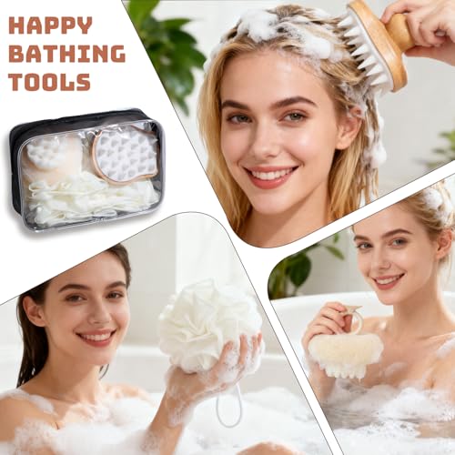Bath Tools Set, 5 PCS Loofah Washcloth Combo 2-in-1, Suction Cup Bath Ball，Silicone Body Bath Brush with Waterproof Cosmetic Bag, for Body Wash and Smooth Skin